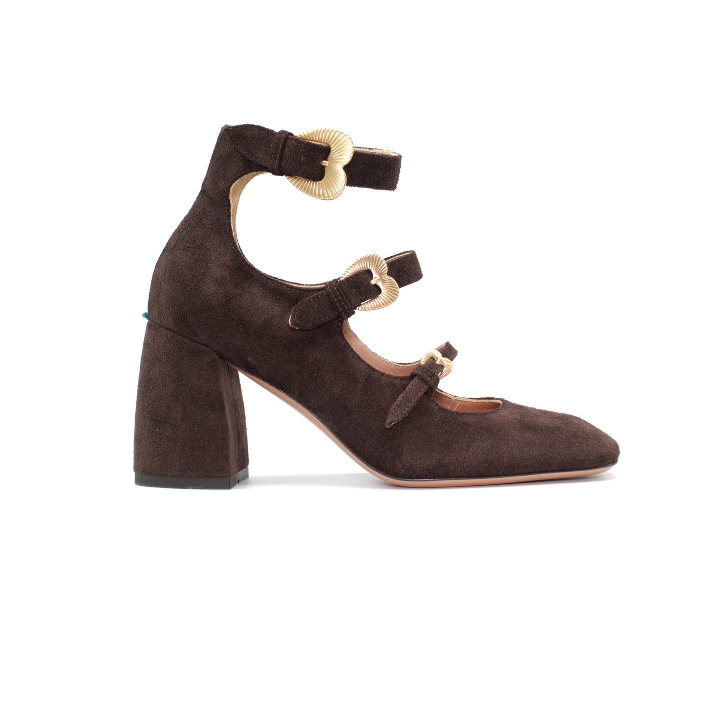 Triple strap in moka-colored split leather