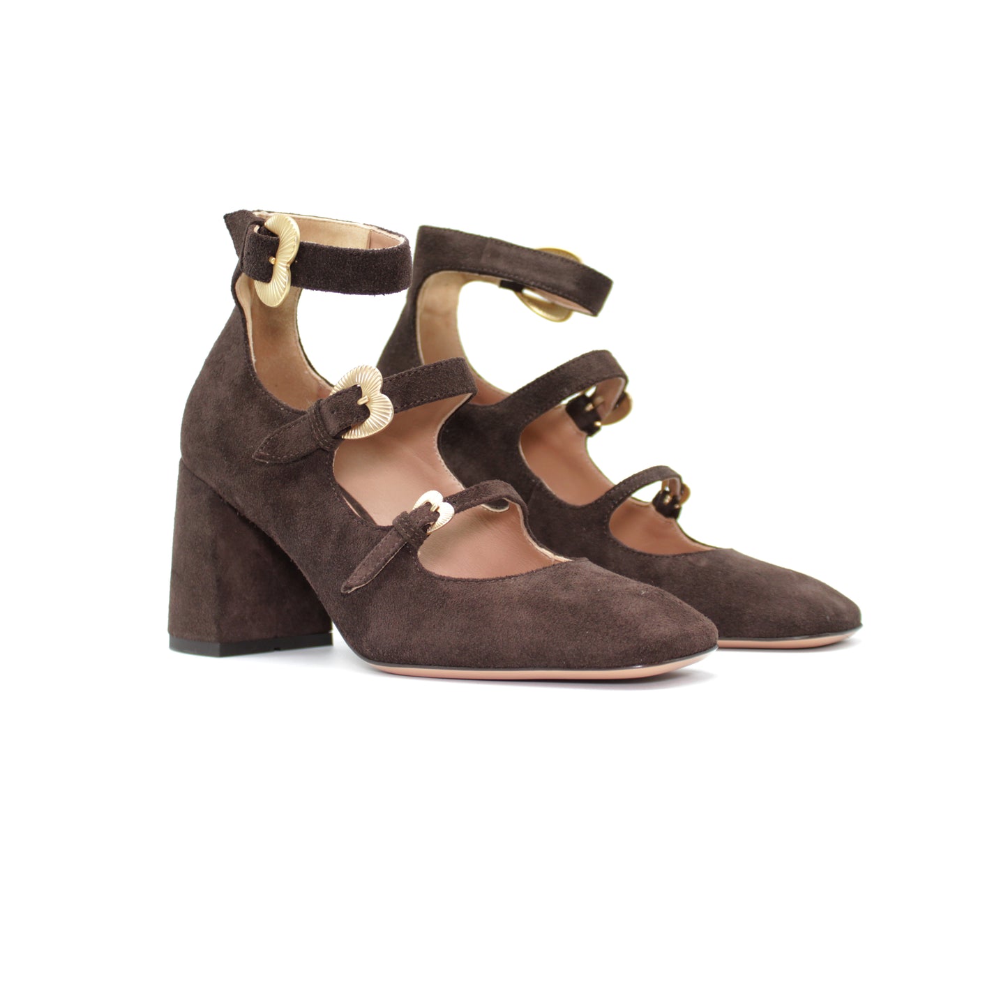 Triple strap in moka-colored split leather