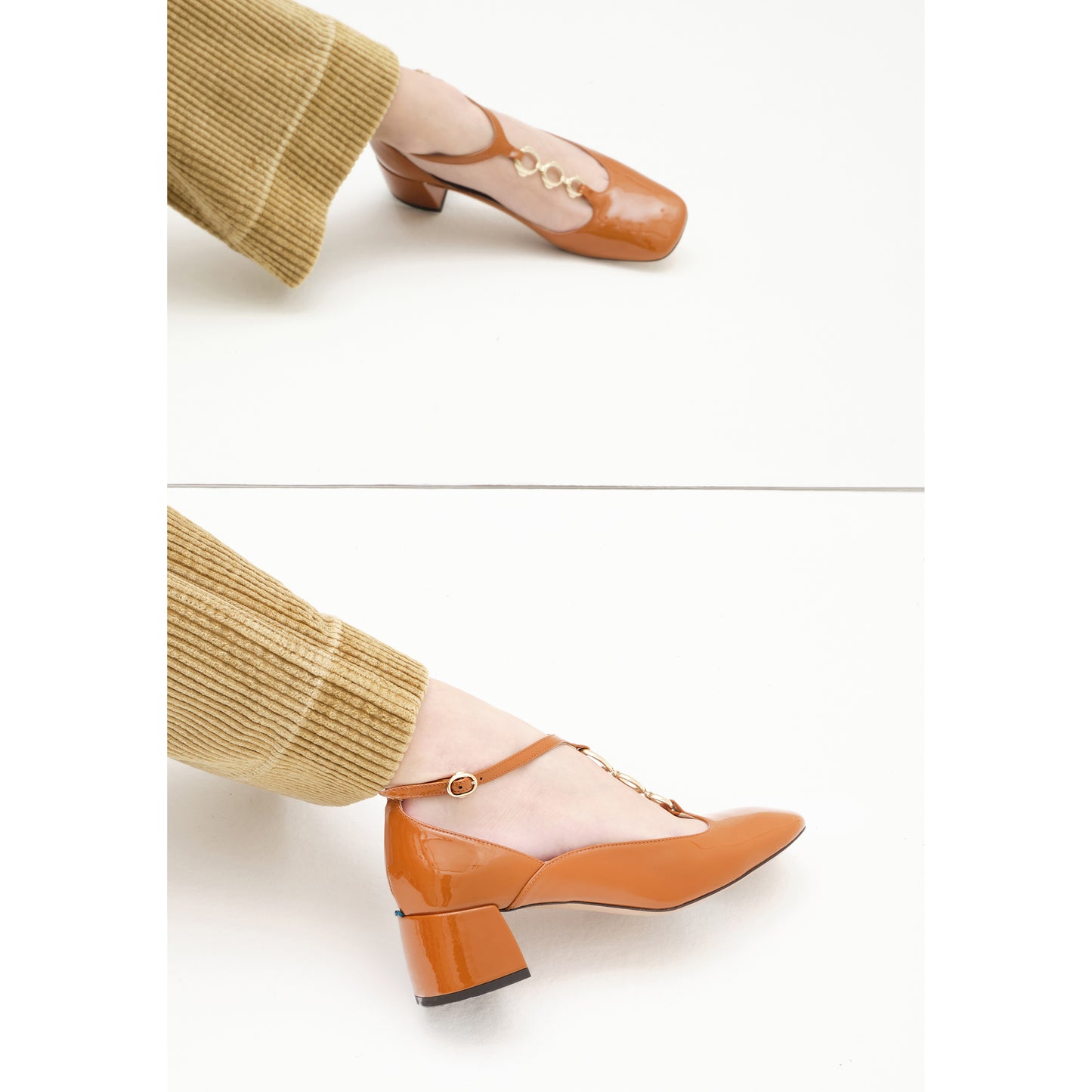 T-strap in vernice color cotto