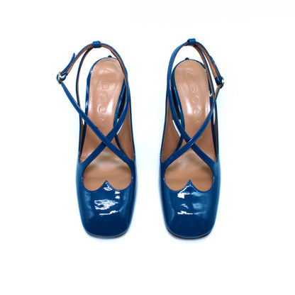 Two for Love sling back in teal-colored patent leather