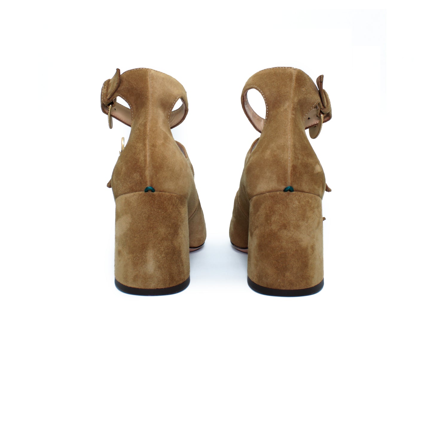 Triple strap heel in coffee-coloured split leather