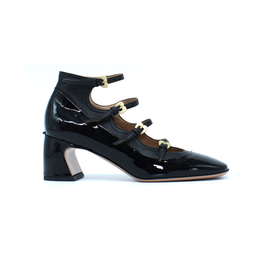 Multistrap pump in black patent leather and nappa leather