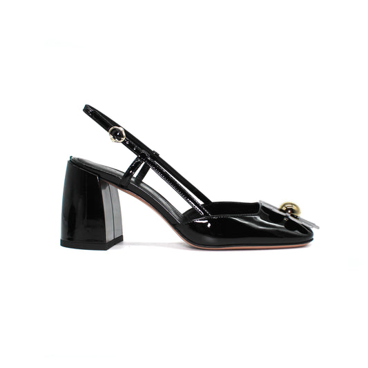 Sling back with maxi-flower in black patent leather h.75