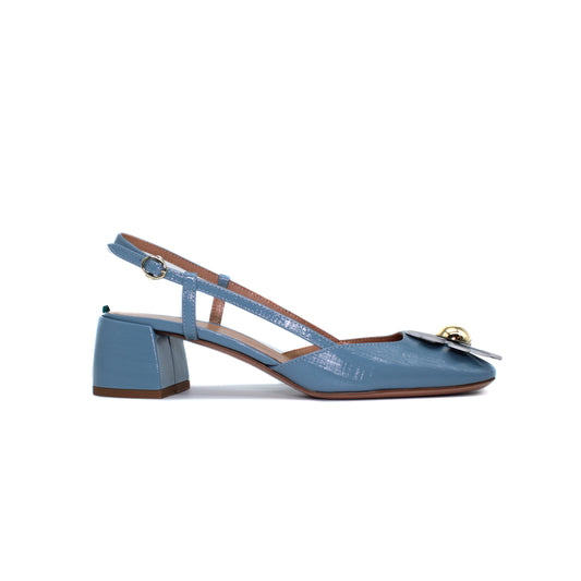 Sling back with maxi-flower in sky blue saffiano