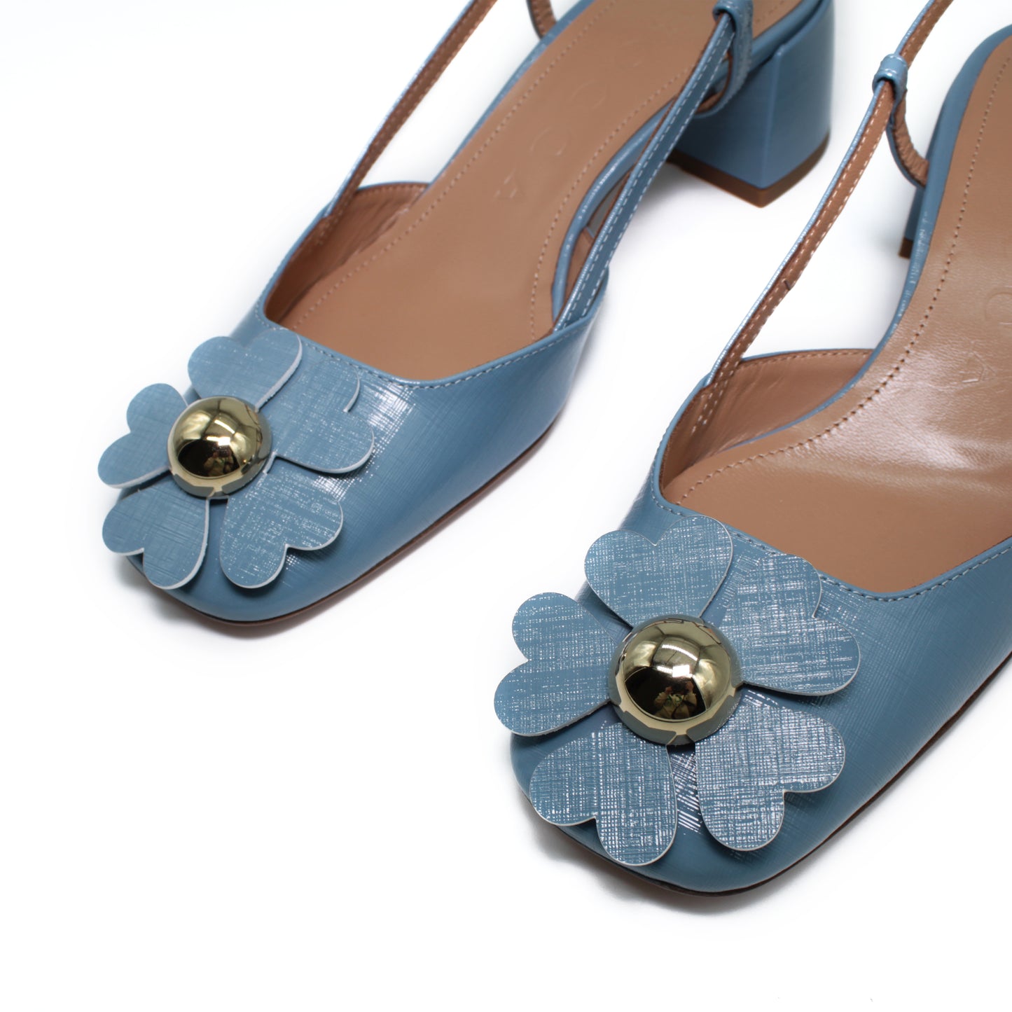 Sling back with maxi-flower in sky blue saffiano