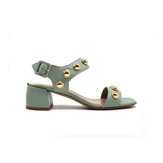 Sandal with studs in sage-colored nappa leather