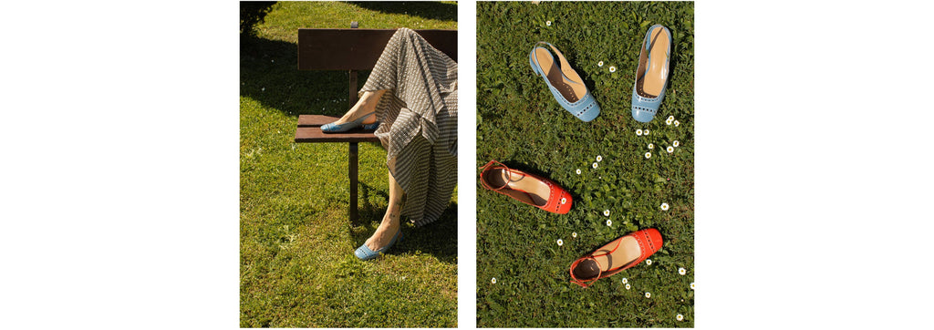 Slingback colorate A.Bocca indossate su prato verde