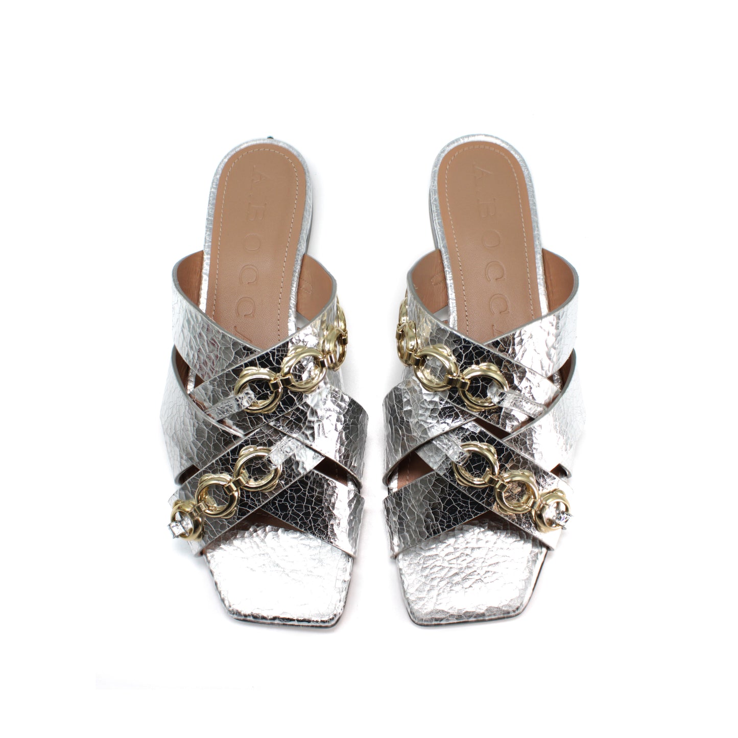 Sandalo con catene in cracklè argento